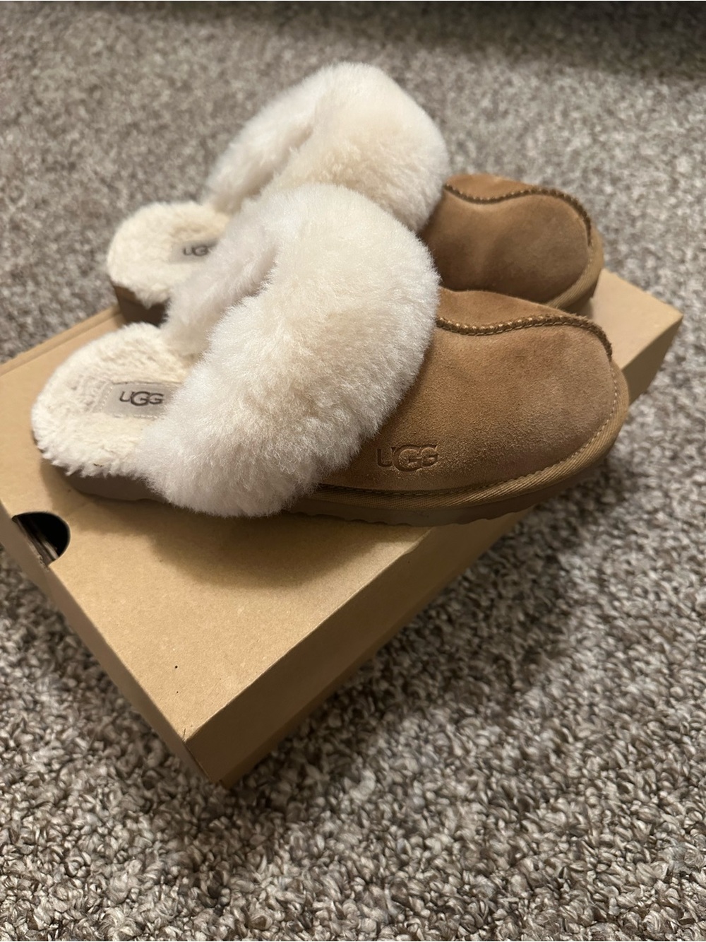 UGG Kids Chestnut Suede Slippers with Cream Sheepskin Collar
